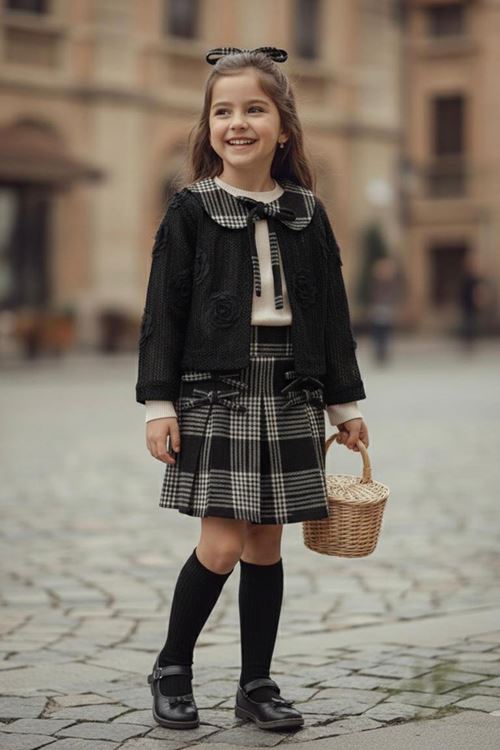 Miniğimin Cicileri Ekose Pul Detaylı Etekli Güllü Dantel Detaylı Hırkalı 3 lü Kız Çocuk Takım - Siyah