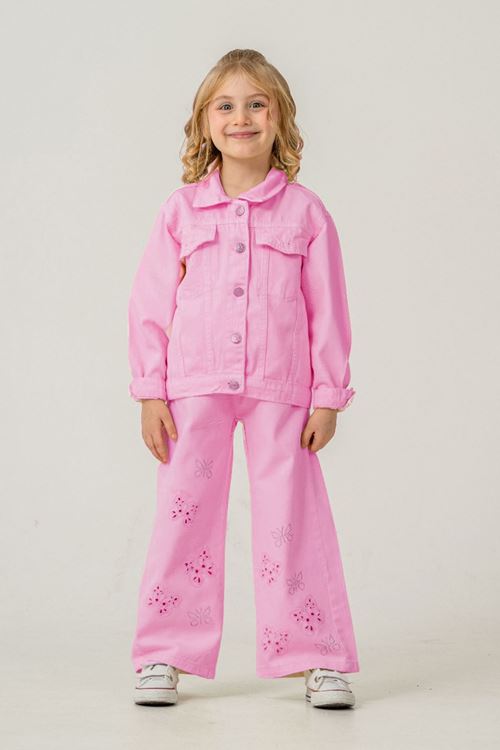 Miniğimin Cicileri Modern Kelebek Detaylı Kot Ceketli Kız Çocuk Takım - Pembe