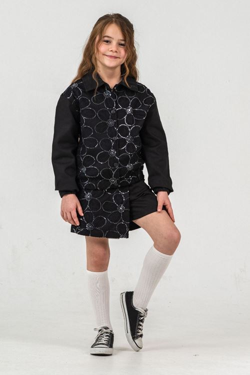 Miniğimin Cicileri Papatya Pul Payet Detaylı Şort Etekli Kız Çocuk Takım - Siyah