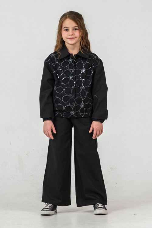 Miniğimin Cicileri Papatya Pul Payet Detaylı Pantolonlu Kız Çocuk Takım - Siyah