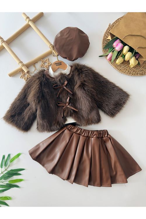 Miniğimin Cicileri Kürklü Deri Etekli Kız Çocuk 4 lü Takım - Acı Kahve