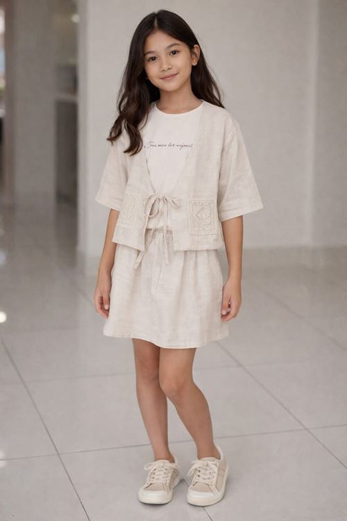 Miniğimin Cicileri Naturel Stil Örgü Cepli  Kız Çocuk Şortlu 3 lü Takım- Bej