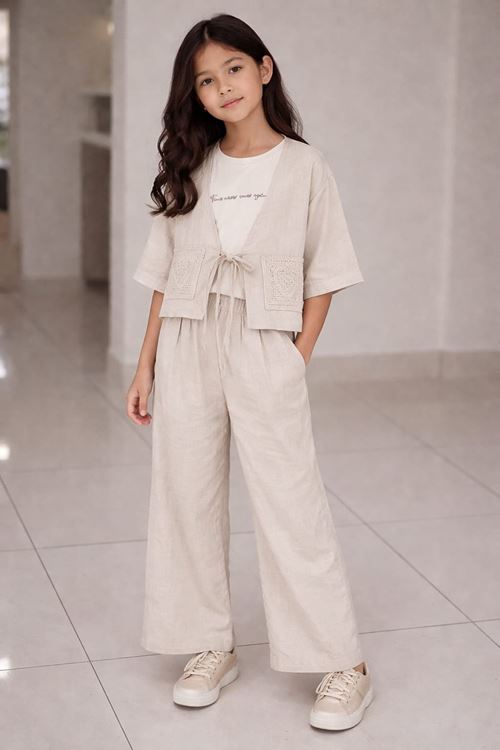 Miniğimin Cicileri Naturel Stil Örgü Cepli  Kız Çocuk Pantolonlu 3 lü Takım - Bej