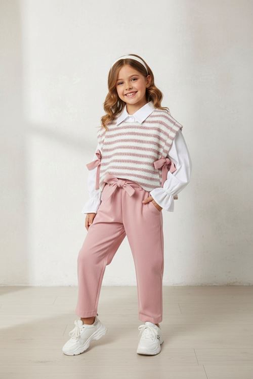 Miniğimin Cicileri Triko Fiyonk Detaylı Kız Çocuk 3 lü Takım - Pembe