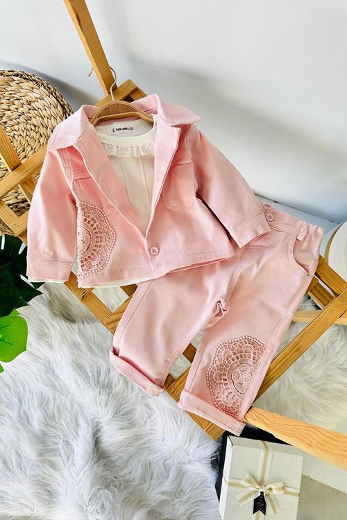 Miniğimin Cicileri Çiçek Dantel Detaylı 3 lü Pamuklu Kız Bebek Takım - Pembe