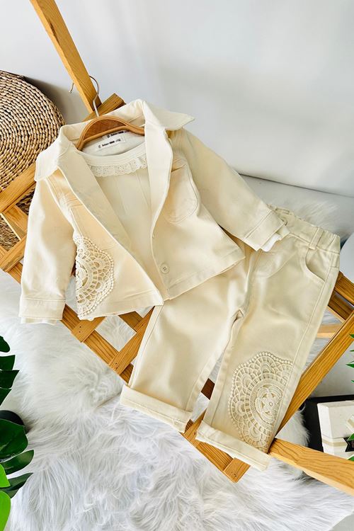 Miniğimin Cicileri Çiçek Dantel Detaylı 3 lü Pamuklu Kız Bebek Takım - Krem