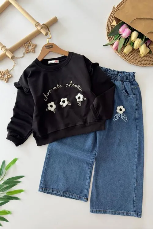 Miniğimin Cicileri Çiçek Nakışlı Sweat & Kot Pantolon 2’li Kız Takımı  - Siyah