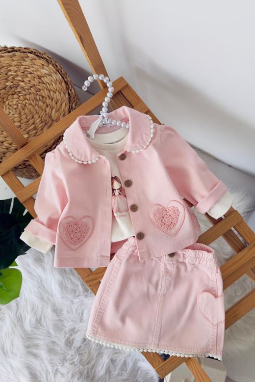 Miniğimin Cicileri Kalp Cep Detaylı Örgü Desen Kız Bebek 3 lü Etekli Takım - Pembe