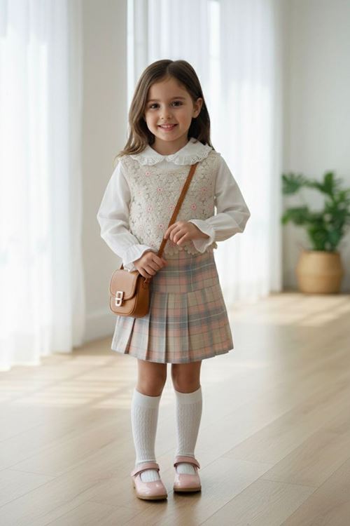 Miniğimin Cicileri Papatya Örgü Desenli Ekose Şort Etekli Kız Çocuk 3 lü Takım - Somon