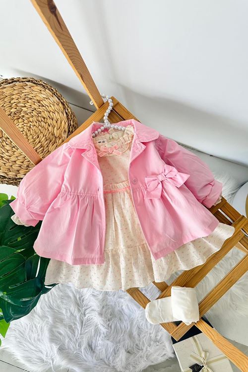 Miniğimin Cicileri Trençli Fiyonk Detaylı Elbiseli Kız Bebek 3 lü Takım - Pembe