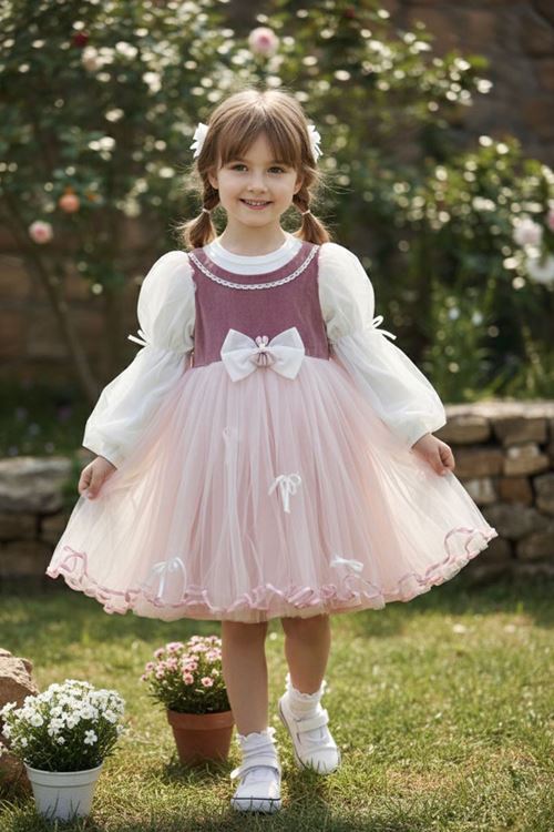 Miniğimin Cicileri Tavşan Detaylı Tül Kız Çocuk Elbise - Pembe