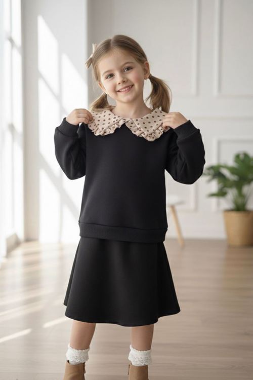 Miniğimin Cicileri Puantiye Yaka Detaylı Kız Çocuk Sweat - Siyah