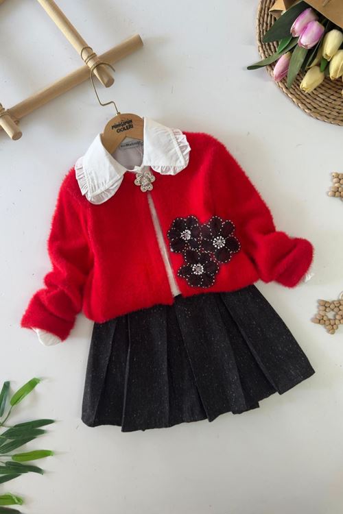 Miniğimin Cicileri Çiçek Taş İşlemeli Gömlek Yaka Pileli Etekli Kız Çocuk Takım- Kırmızı
