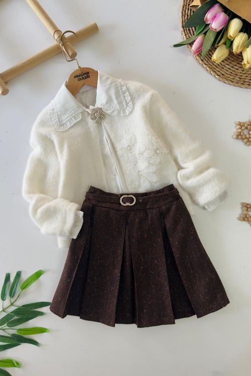 Miniğimin Cicileri Çiçek Taş İşlemeli Gömlek Yaka Pileli Etekli Kız Çocuk Takım- Beyaz