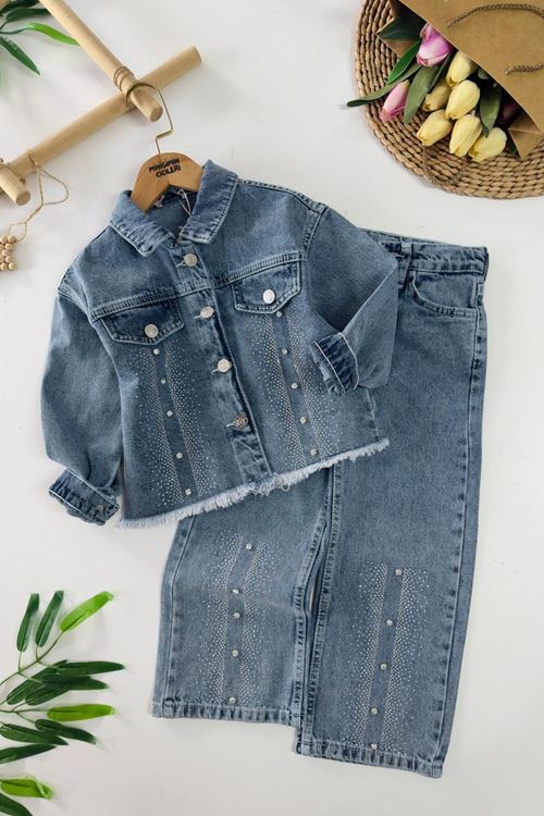 Miniğimin Cicileri Sıralı Taş Detaylı Cepli Kız Çocuk Kot Ceketli Takım - Mavi