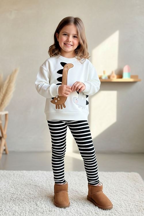 Miniğimin Cicileri Dino Desenli Kız Çocuk 2 li Taytlı Takım - Beyaz