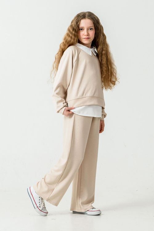 Miniğimin Cicileri Taşlı Oysho Kumaş ,Gömlekli Kız Çocuk 3 lü Takım - Bej