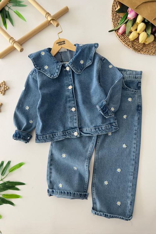Miniğimin Cicileri Asimetrik Yaka Detaylı Papatya İşleme Detaylı Kız Çocuk Kot Ceketli Takım - Mavi