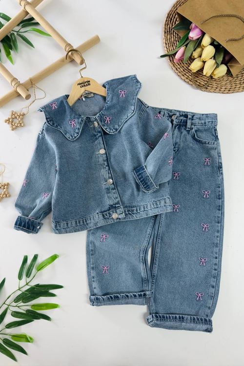 Miniğimin Cicileri Asimetrik Yaka Detaylı Fiyonk İşleme Detaylı Kız Çocuk Kot Ceketli Takım - Pembe