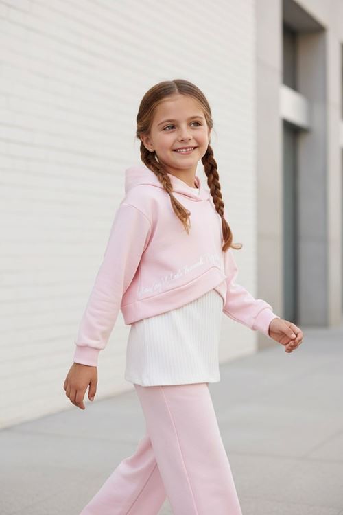 Miniğimin Cicileri Yazı Baskılı Crop Sweatshirt ve Bol Paça Kız Çocuk Eşofman Takımı - Pembe
