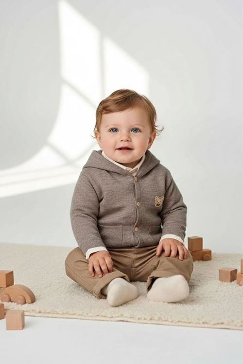 Miniğimin Cicileri Organik Bear Armalı Triko Erkek Bebe 3 lü Takım - Kahve