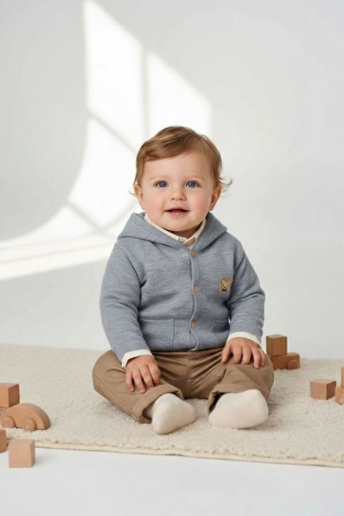 Miniğimin Cicileri Organik Bear Armalı Triko Erkek Bebe 3 lü Takım - Gri