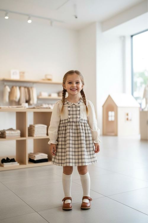 Miniğimin Cicileri Ekose Düğme Detaylı Kız Çocuk Pamuk Elbise - Siyah