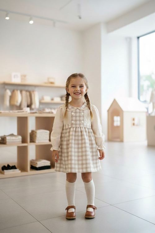 Miniğimin Cicileri Ekose Düğme Detaylı Kız Çocuk Pamuk Elbise - Kahve