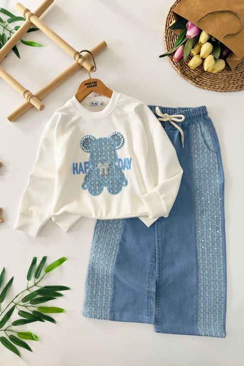 Miniğimin Cicileri Happy Day Pul Detaylı Kız Çocuk 2 li Takım - Mavi
