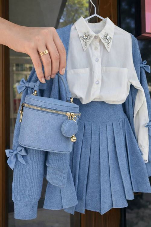 Miniğimin Cicileri Fiyonk Detaylı Triko Hırkalı 4 lü Kız Çocuk Lüx Set - Mavi