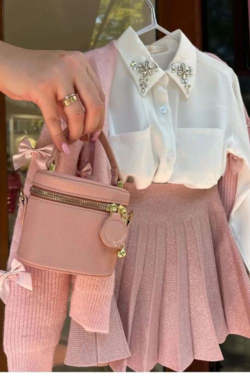 Miniğimin Cicileri Fiyonk Detaylı Triko Hırkalı 4 lü Kız Çocuk Lüx Set - Pudra