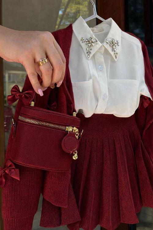 Miniğimin Cicileri Fiyonk Detaylı Triko Hırkalı 4 lü Kız Çocuk Lüx Set - Bordo