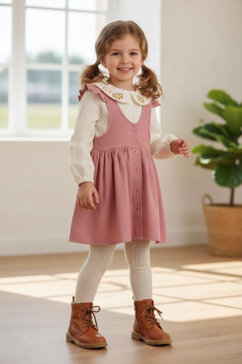 Miniğimin Cicileri Müslim Gömlekli Fitilli Kadife Elbise Takım - Pembe