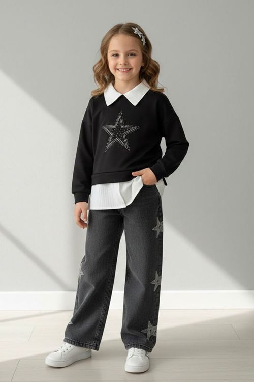 Miniğimin Cicileri Yıldız Taş Detaylı Kız Çocuk 2 Li Takım - Siyah