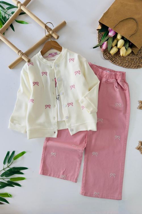 Miniğimin Cicileri Fiyonk İşleme Detaylı Selanik Kız Çocuk 3 lü Takım - Pembe