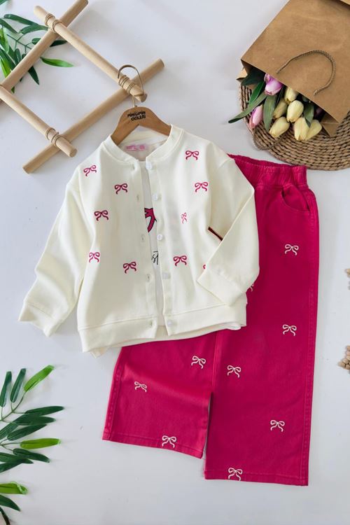 Miniğimin Cicileri Fiyonk İşleme Detaylı Selanik Kız Çocuk 3 lü Takım - Fuşya