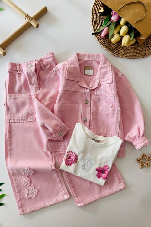 Miniğimin Cicileri Taşlı Cep Detaylı Renkli Ceketli Kız Çocuk 3 lü Takım - Pembe