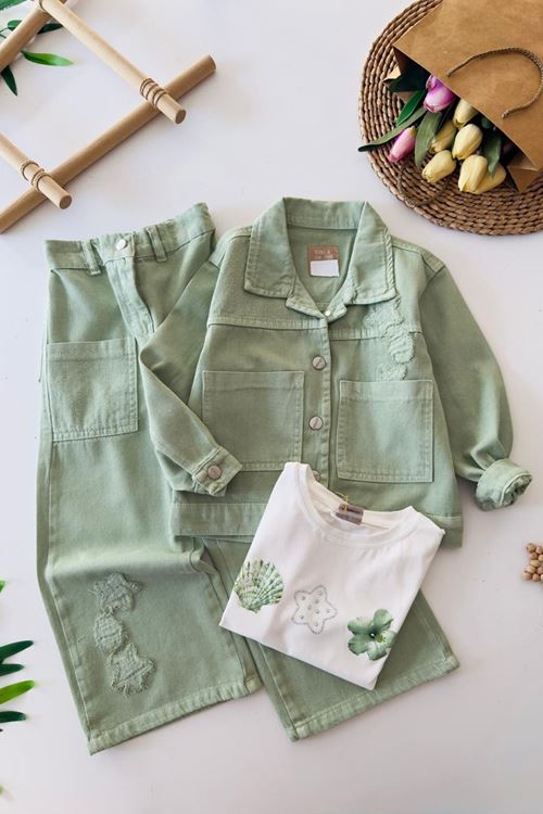 Miniğimin Cicileri Taşlı Cep Detaylı Renkli Ceketli Kız Çocuk 3 lü Takım - Yeşil