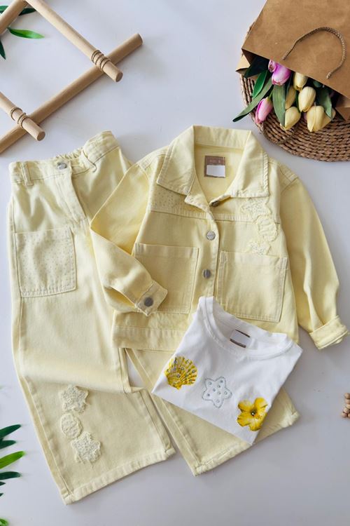 Miniğimin Cicileri Taşlı Cep Detaylı Renkli Ceketli Kız Çocuk 3 lü Takım - Sarı