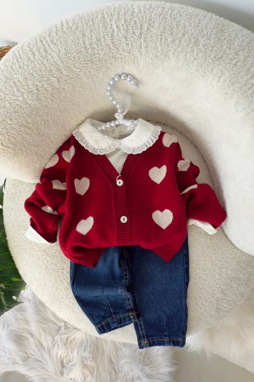 Miniğimin Cicileri Kalpli Triko Hırkalı Pamuklu Kız Bebek 3 lü Takım - Kırmızı