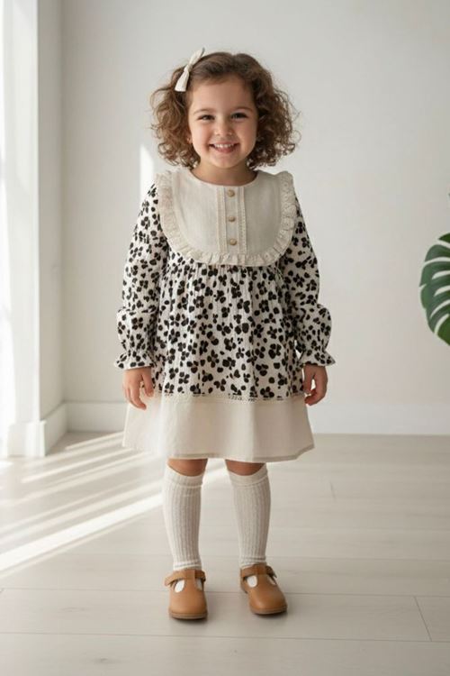 Miniğimin Cicileri Kız Çocuk Vintage Tarzı Dantel Garnili Uzun Kollu Müslin Pamuk Elbise - Krem