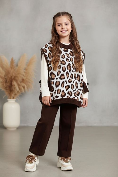 Miniğinin Cicileri Triko Leopar Süveter Kız Çocuk Takım - Kahverengi