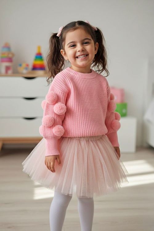 Miniğimin Cicileri Pon Pon Detaylı Triko Kız Çocuk Kazak - Yavru Ağzı