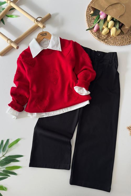 Miniğimin Cicileri Kalp Detaylı Triko Kazak ve Gömlekli Kız Çocuk 3 lü Takım - Kırmızı