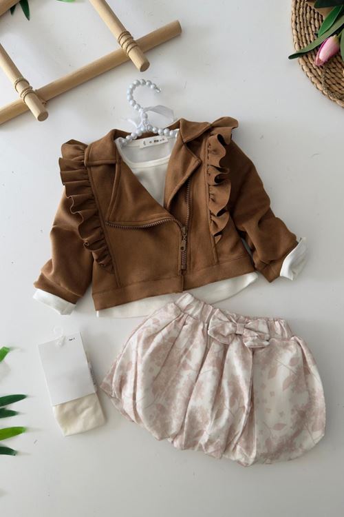 Miniğimin Cicileri Süet Ceketli Balon Etek 4 lü Kız Çocuk Takım - Kahverengi
