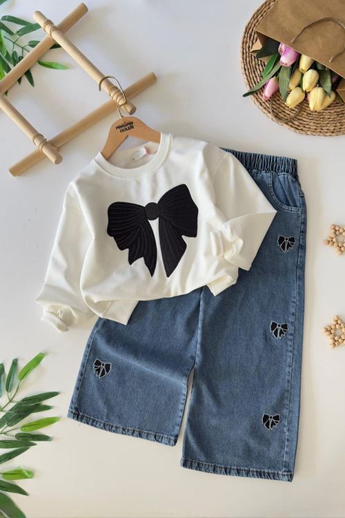 Miniğimin Cicileri Pullu Fiyonk İşleme Detaylı Kız Çocuk 2 li Takım - Ekru