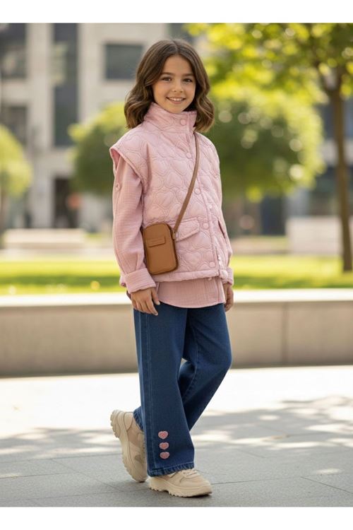 Miniğimin Cicileri Kalp Detaylı Şişme Yelekli Kız Çocuk Müslin Gömlekli 3 lü Takım - Pembe