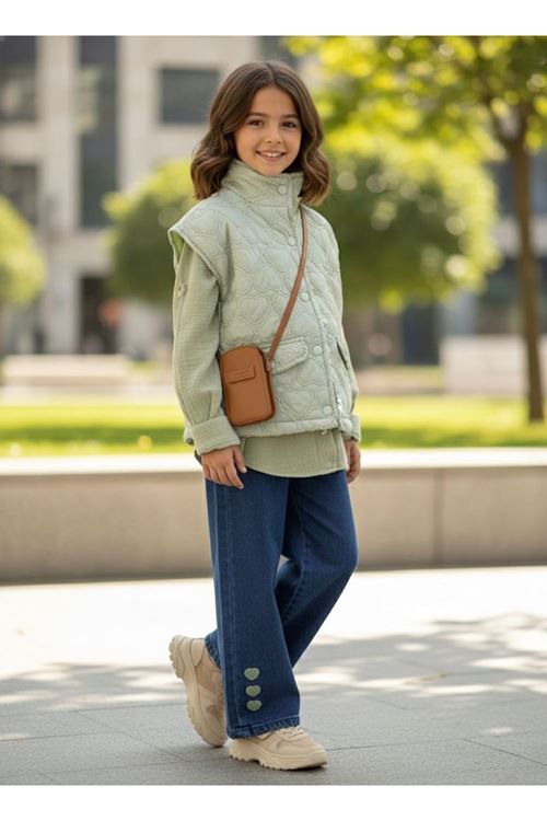 Miniğimin Cicileri Kalp Detaylı Şişme Yelekli Kız Çocuk Müslin Gömlekli 3 lü Takım - Yeşil