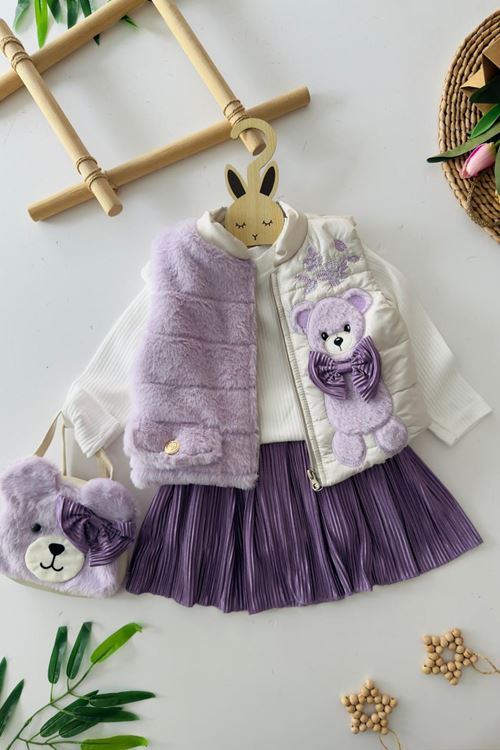 Miniğimin Cicileri Peluş Ayıcık Detaylı Yelekli Kız Çocuk Çantalı 4 lü Takım - Lila