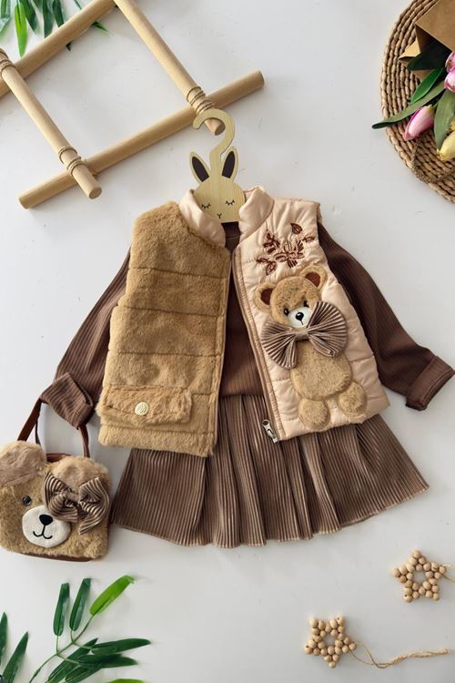 Miniğimin Cicileri Peluş Ayıcık Detaylı Yelekli Kız Çocuk Çantalı 4 lü Takım - Kahve